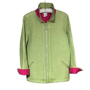 The Quacker Factory 100% Silk Green Pink Quilted Blazer Jacket Rhinestone Zipper